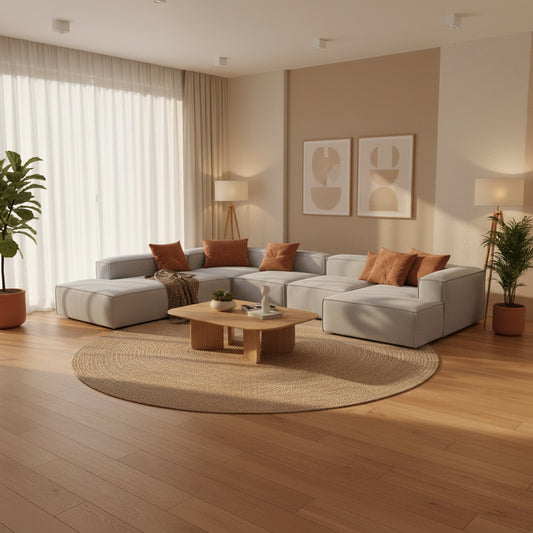 Alpha modular double corner sofa styled for open spaces, creating a relaxed seating area centred around the room