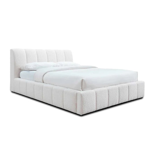 modern upholstered bed with simple headboard and low profile base