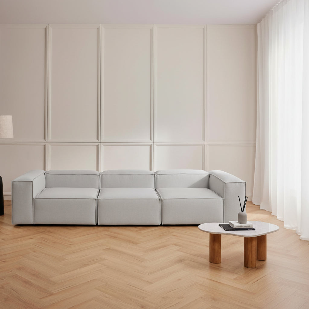 Premium Alpha 3 seater sofa in a modern interior setting with panelled walls, neutral tones, and a spacious layout highlighting its modular design and comfort