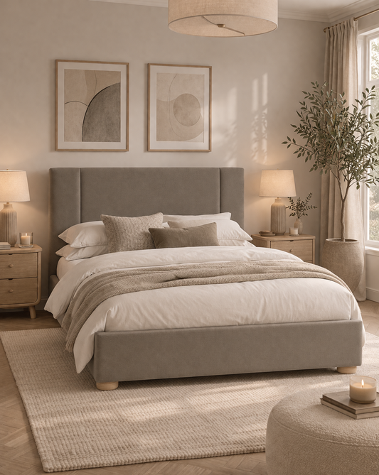 Ashton bed displayed in elegant bedroom setting with neutral tones and warm lighting
