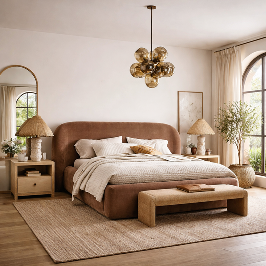 modern upholstered bed with sculptural curved headboard and low profile base