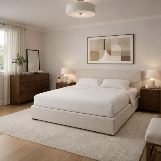 modern bed frame with clean lines and neutral fabric upholstery