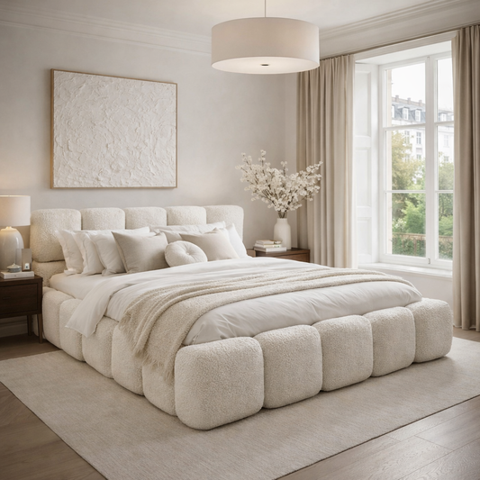 Soft neutral bed design creating a calm, cocooned interior feel
