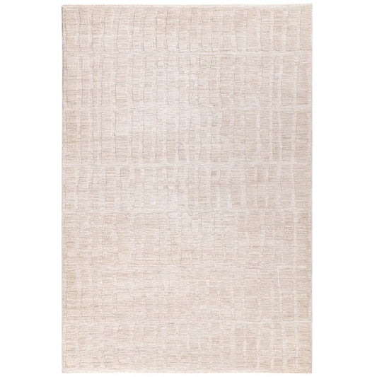 The Fiora Rug is shown in a full top-down studio view on a clean white background, highlighting its 100% wool construction, soft beige-natural tone, and subtle tonal space-dyed design.