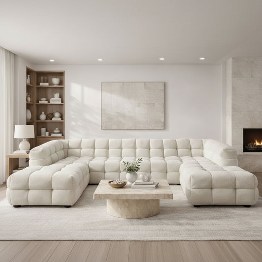 A sculptural, contemporary U-shaped design in soft boucle, featuring deep channel tufting and a spacious layout for refined, modern living.