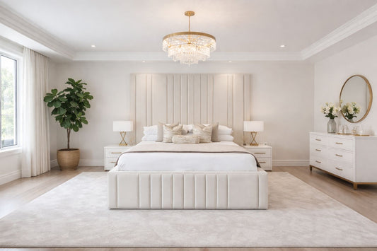 modern upholstered bed with structured vertical design and low base