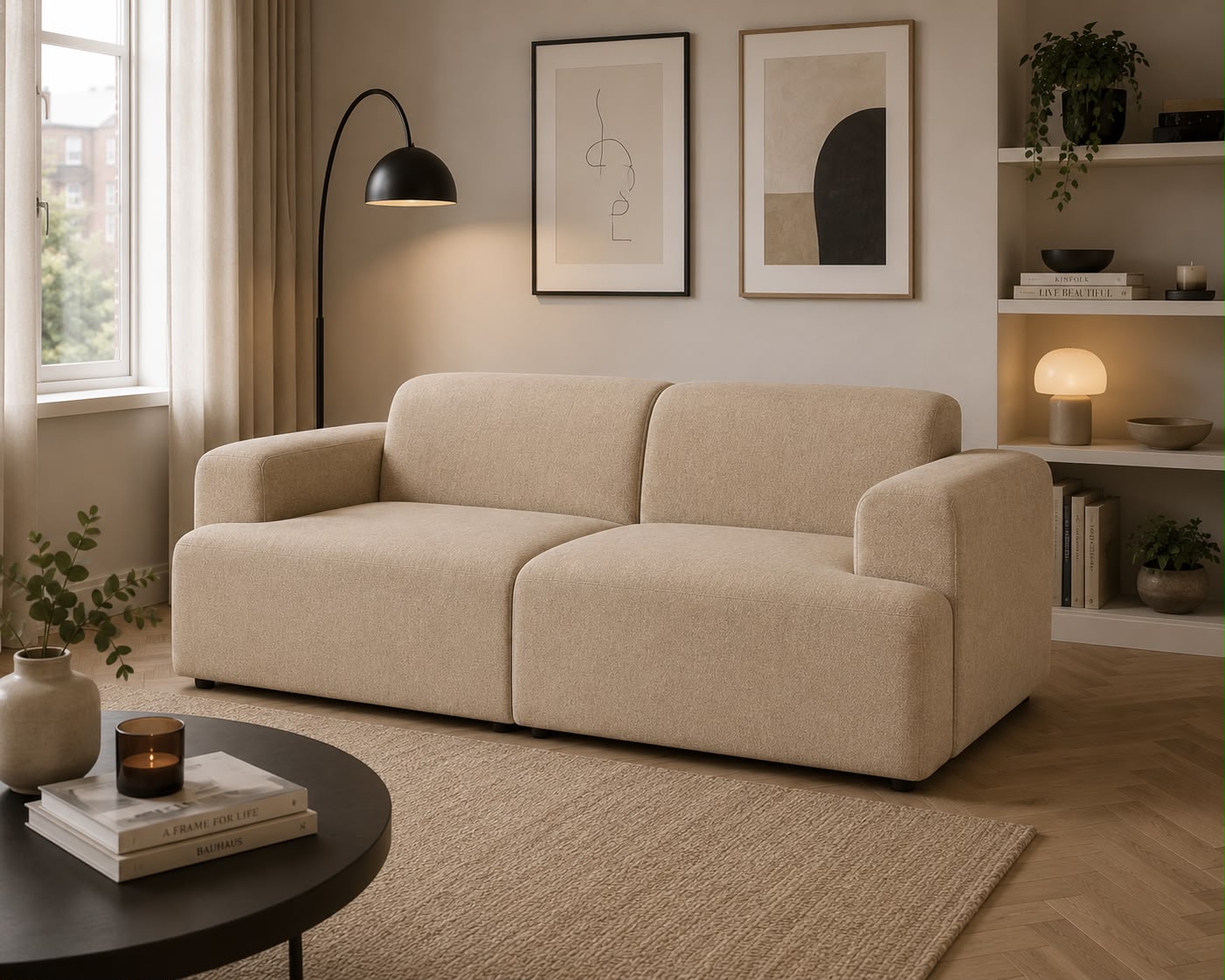 Beige sofa in a living room with decor elements