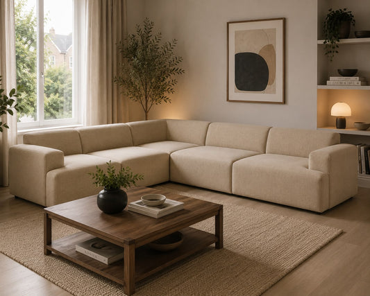 Beige sectional sofa in a living room with a wooden coffee table and decorative items.