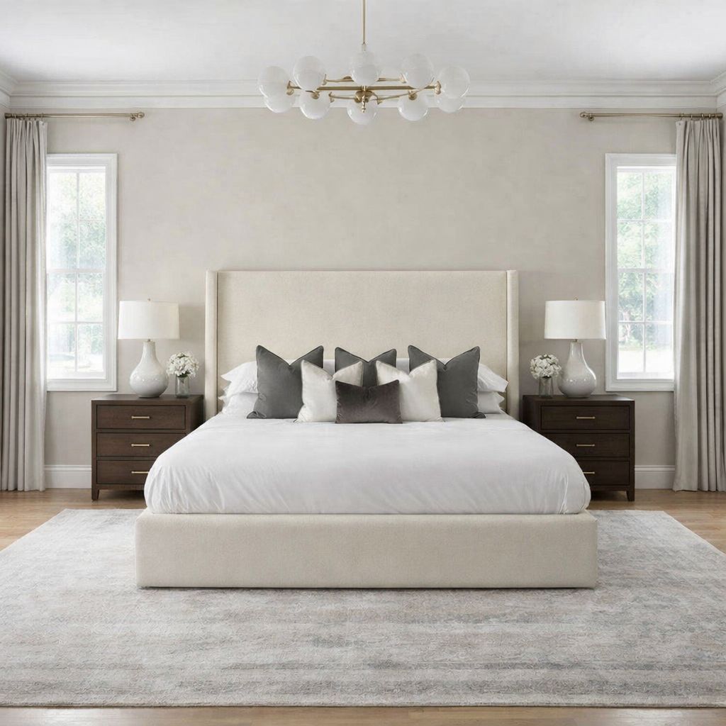 modern bed with cushioned headboard and neutral fabric upholstery