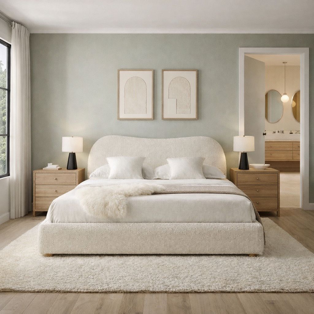 modern upholstered bed with rounded edges and low profile base in neutral tone