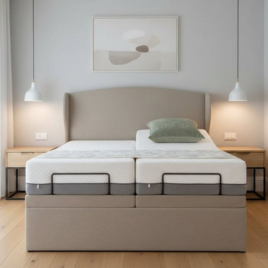 Contemporary MOVA bed with soft fabric upholstery and adjustable head and foot positioning