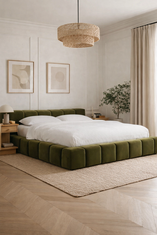 Miles bed styled in a contemporary bedroom with neutral tones and structured upholstered finish