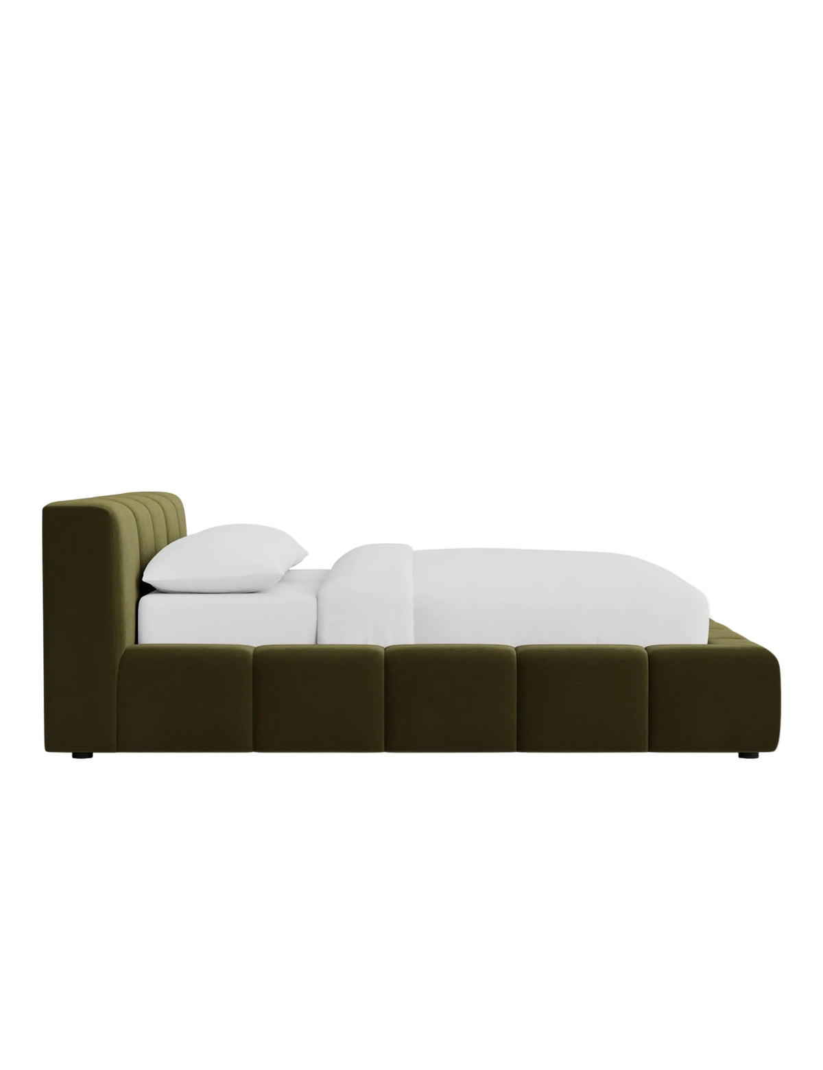 Side angle of Miles bed highlighting wraparound frame and deep cushioned panel detailing