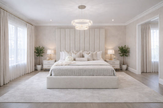 contemporary bed with vertical panel headboard and neutral upholstery