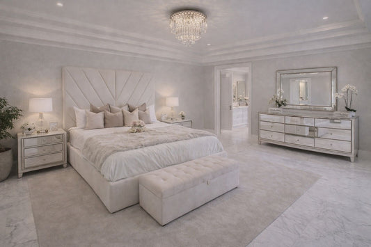 contemporary bed with geometric headboard and soft neutral fabric