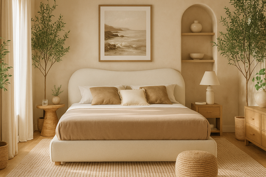 contemporary bed with curved headboard and minimalist upholstered design