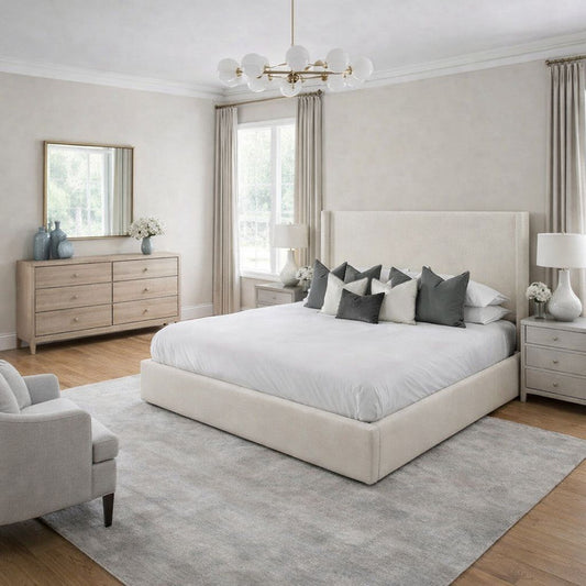 contemporary upholstered bed with clean silhouette and low profile base