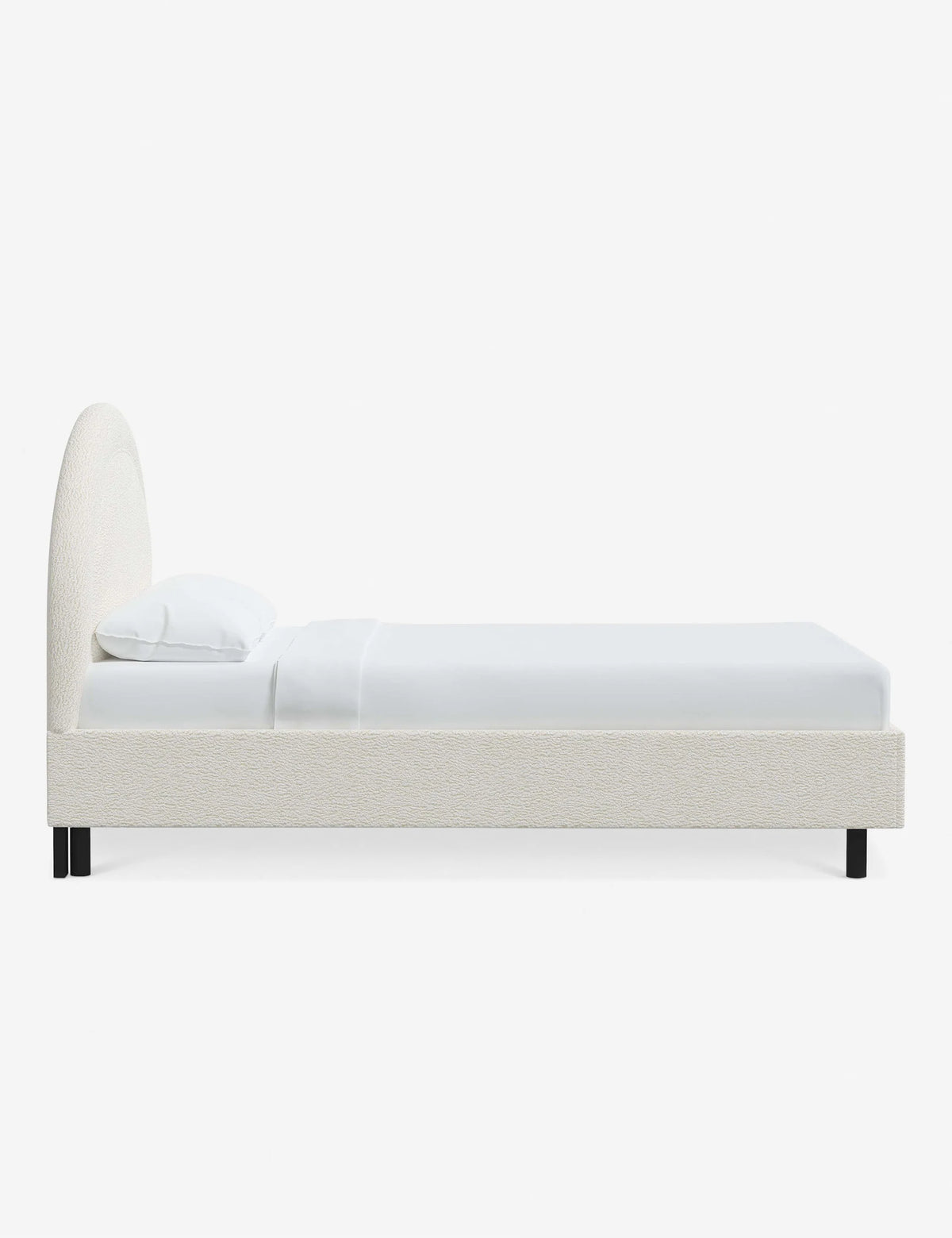 contemporary bed with bold headboard and neutral fabric
