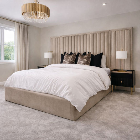 Clean, structured headboard with a calm, luxurious presence