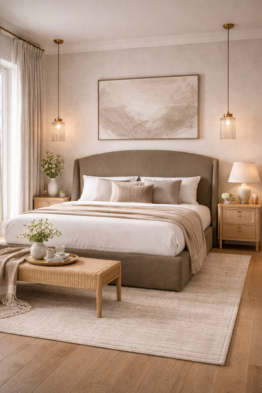 modern upholstered bed with curved headboard and clean low base