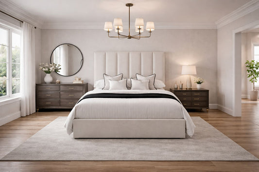 contemporary upholstered bed with vertical headboard panels and neutral fabric