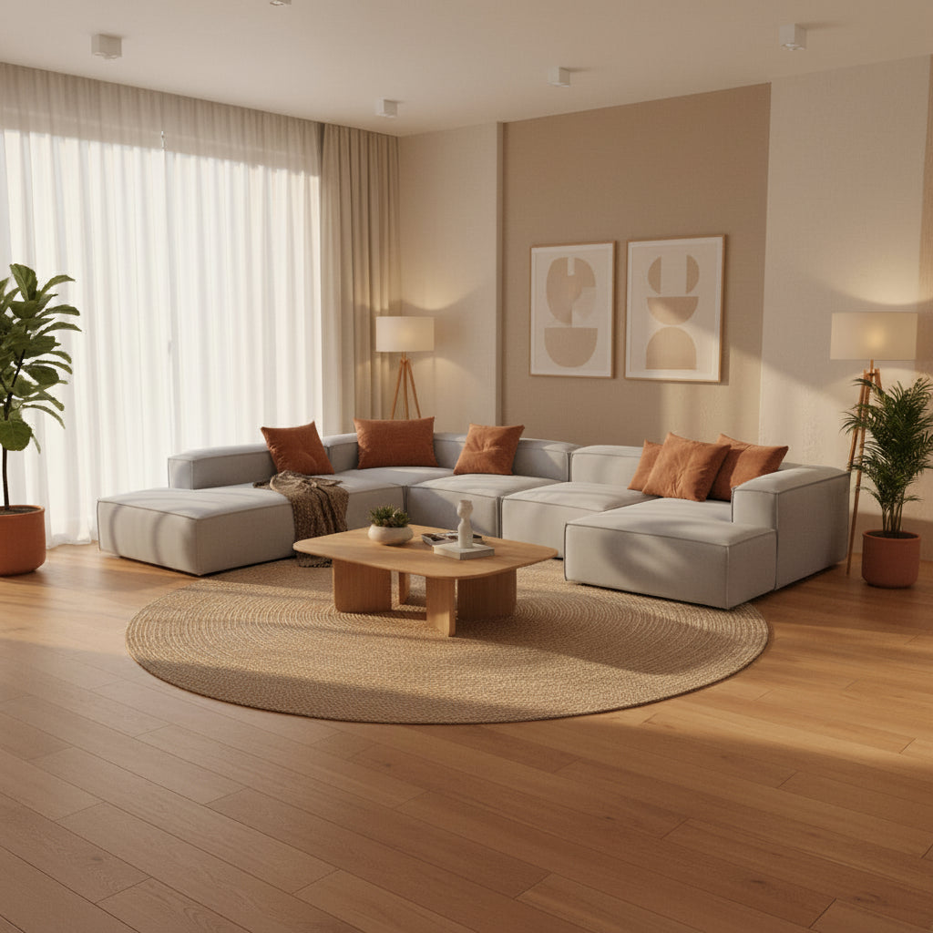 Alpha modular double corner sofa styled for open spaces, creating a relaxed seating area centred around the room

