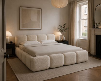 A modern low-profile bed with a chunky, tufted boucle upholstered frame in a warm cream color, styled in a cozy, minimalist bedroom with matching beige curtains, bedside tables, and a large abstract painting on the wall.