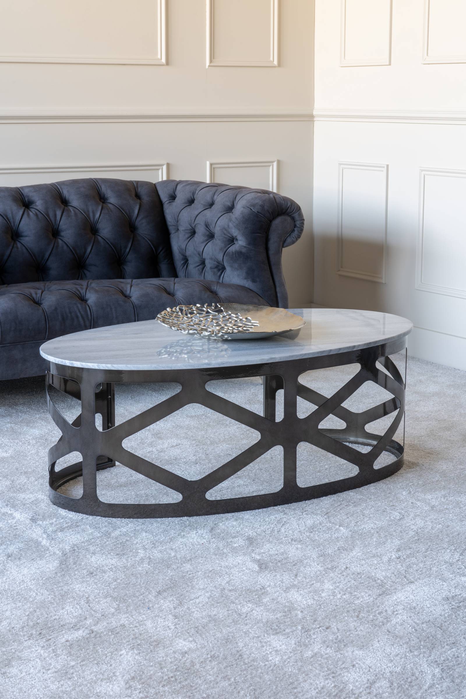 KOZU Coffee Table Metallic Black Nickel Finish with Grey Marble