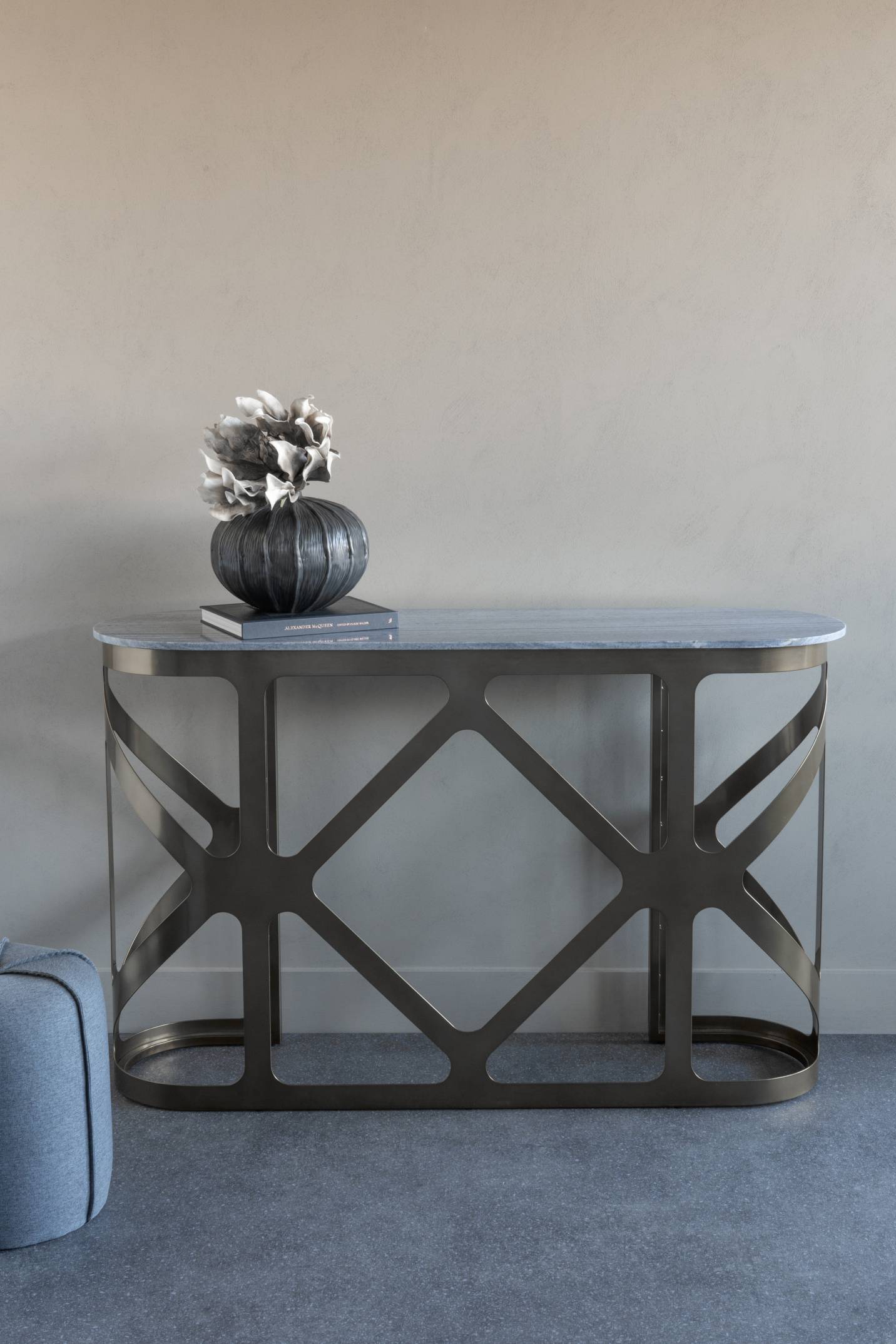 COZU Console Table Metallic Black Nickel Finish with Grey Marble Top