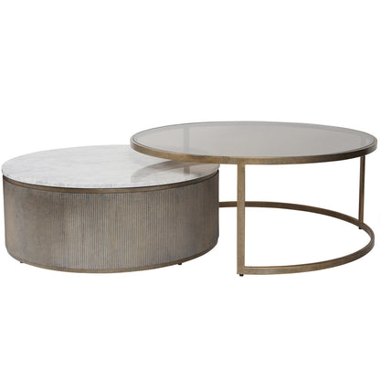 Mayfair Aged Gold Set of 2 Nesting Coffee Tables with Marble and Tinted Glass