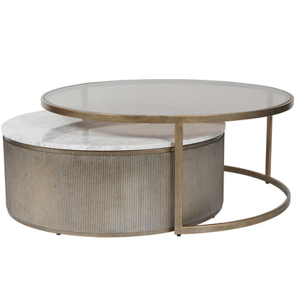 Mayfair Aged Gold Set of 2 Nesting Coffee Tables with Marble and Tinted Glass