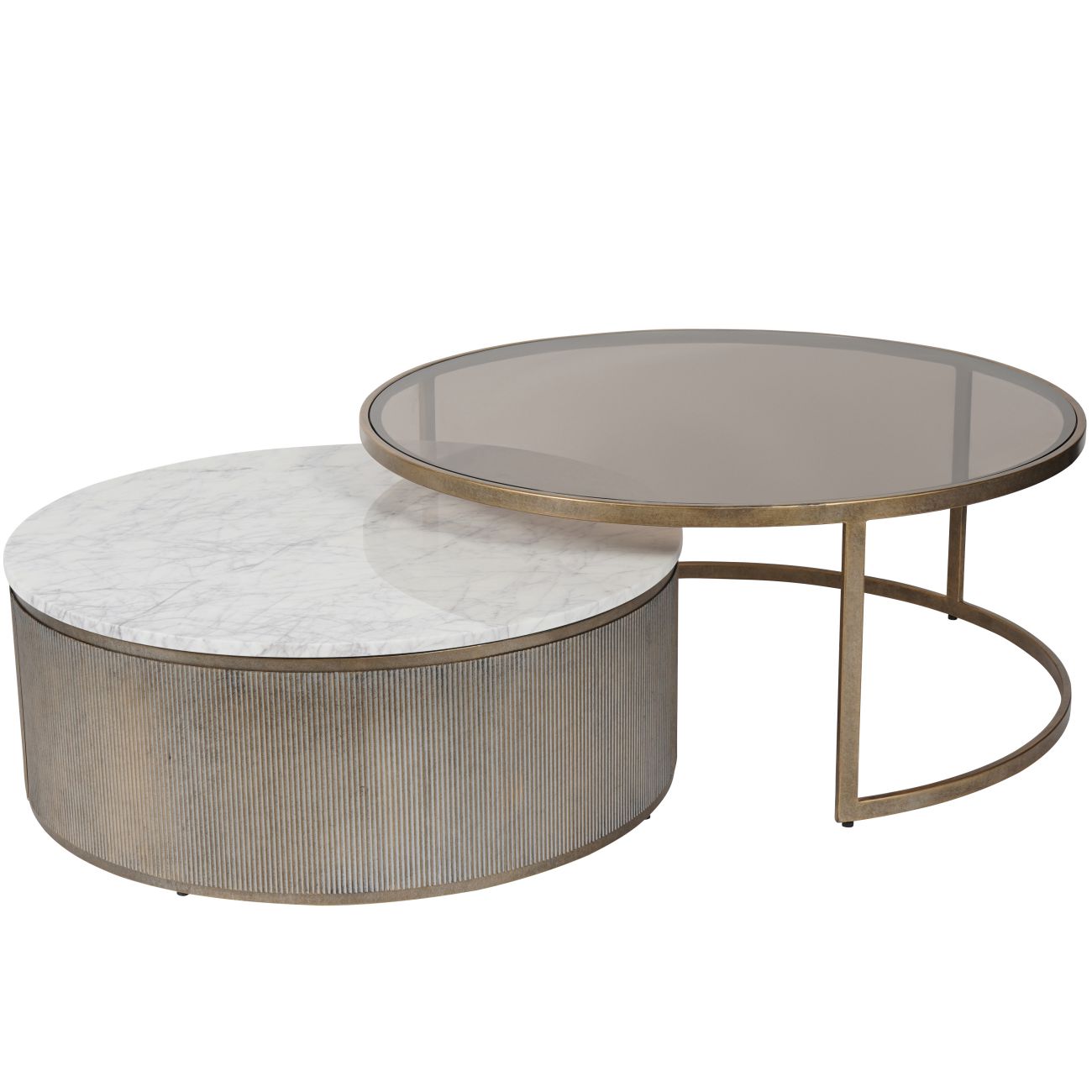 Mayfair Aged Gold Set of 2 Nesting Coffee Tables with Marble and Tinted Glass