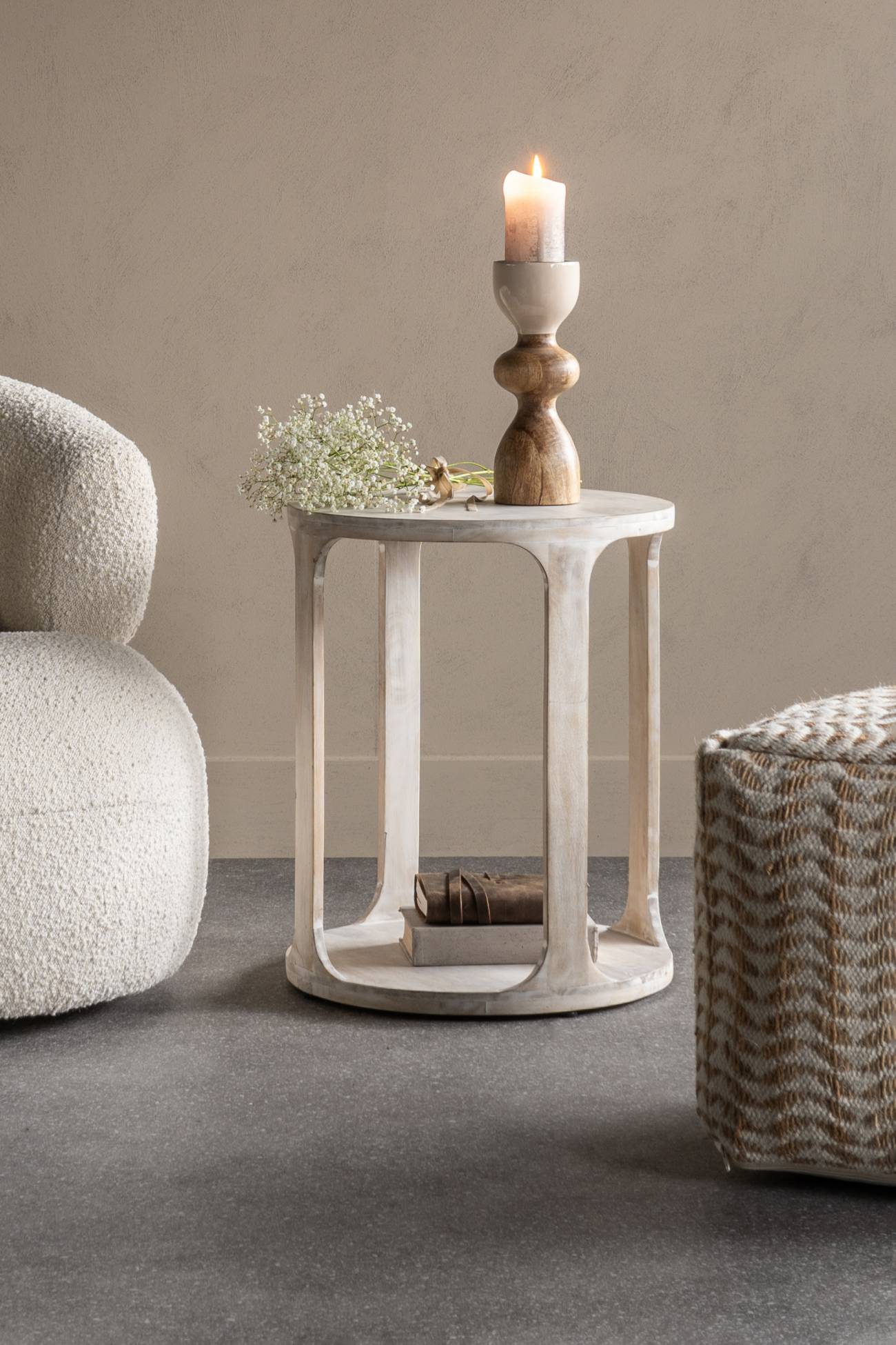 NOYAN Solid Carved Wooden Side Table in Whitewash Finish