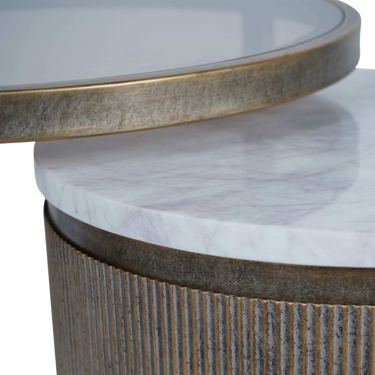 Mayfair Aged Gold Set of 2 Nesting Side Tables with Marble and Tinted Glass