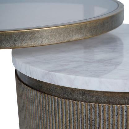 Mayfair Aged Gold Set of 2 Nesting Side Tables with Marble and Tinted Glass