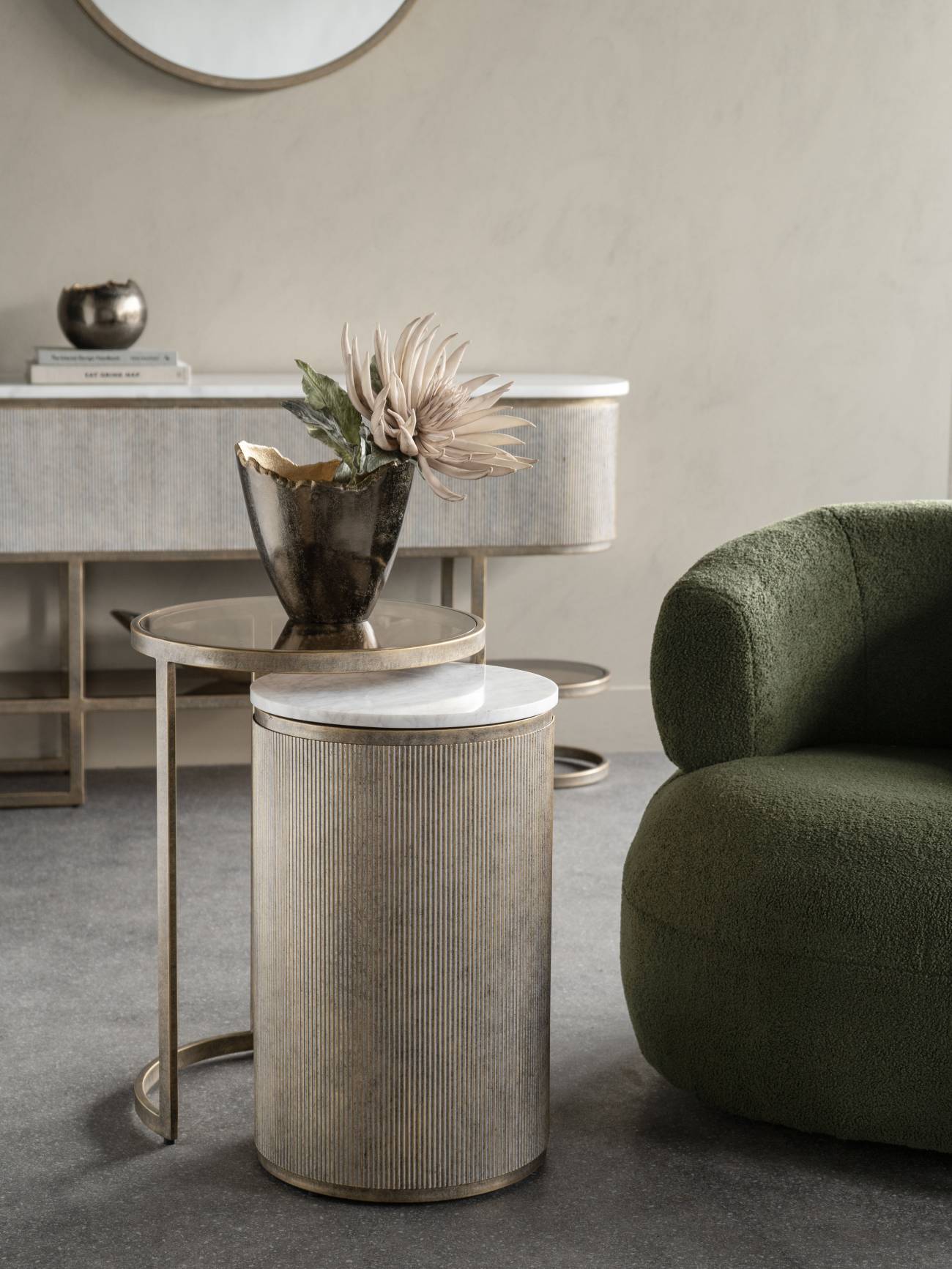 Mayfair Aged Gold Set of 2 Nesting Side Tables with Marble and Tinted Glass