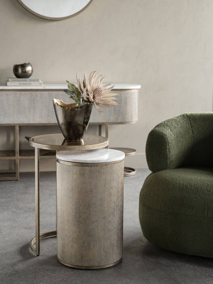 Mayfair Aged Gold Set of 2 Nesting Side Tables with Marble and Tinted Glass