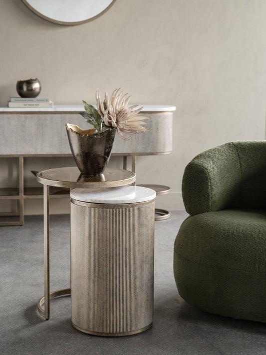 Mayfair Aged Gold Set of 2 Nesting Side Tables with Marble and Tinted Glass