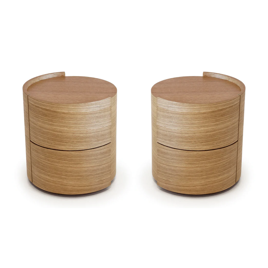The Alida Bedside Tables are displayed in a clean studio setting on a white background, showcasing their curved ash oak veneer design and elegant proportions.