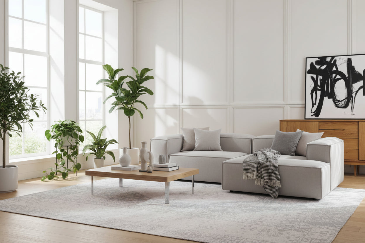 A refined modular composition that balances structure with relaxed comfort, featuring a two-seater base seamlessly extended by a chaise and finished with a defined arm module.