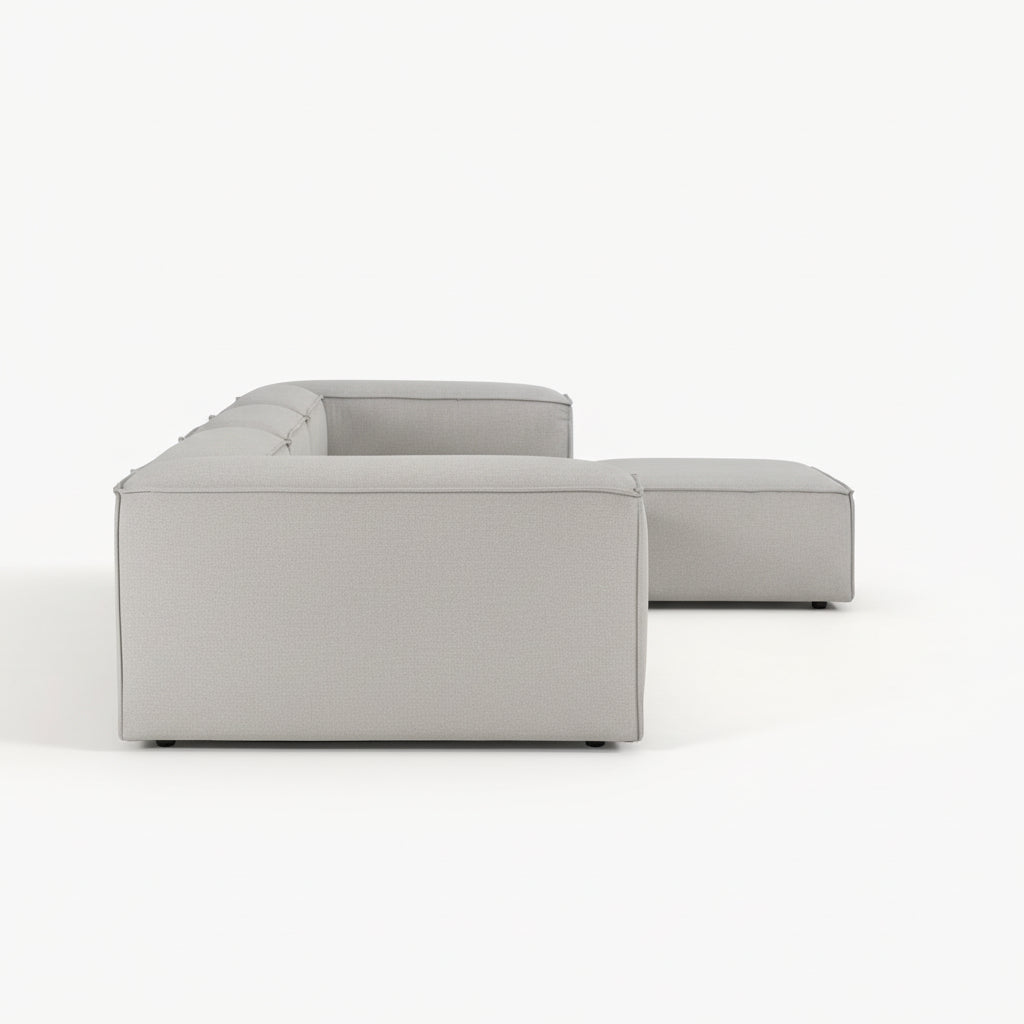 Alpha modular 3 seater with an extended stool unit, creating a laid-back seating setup with generous depth
