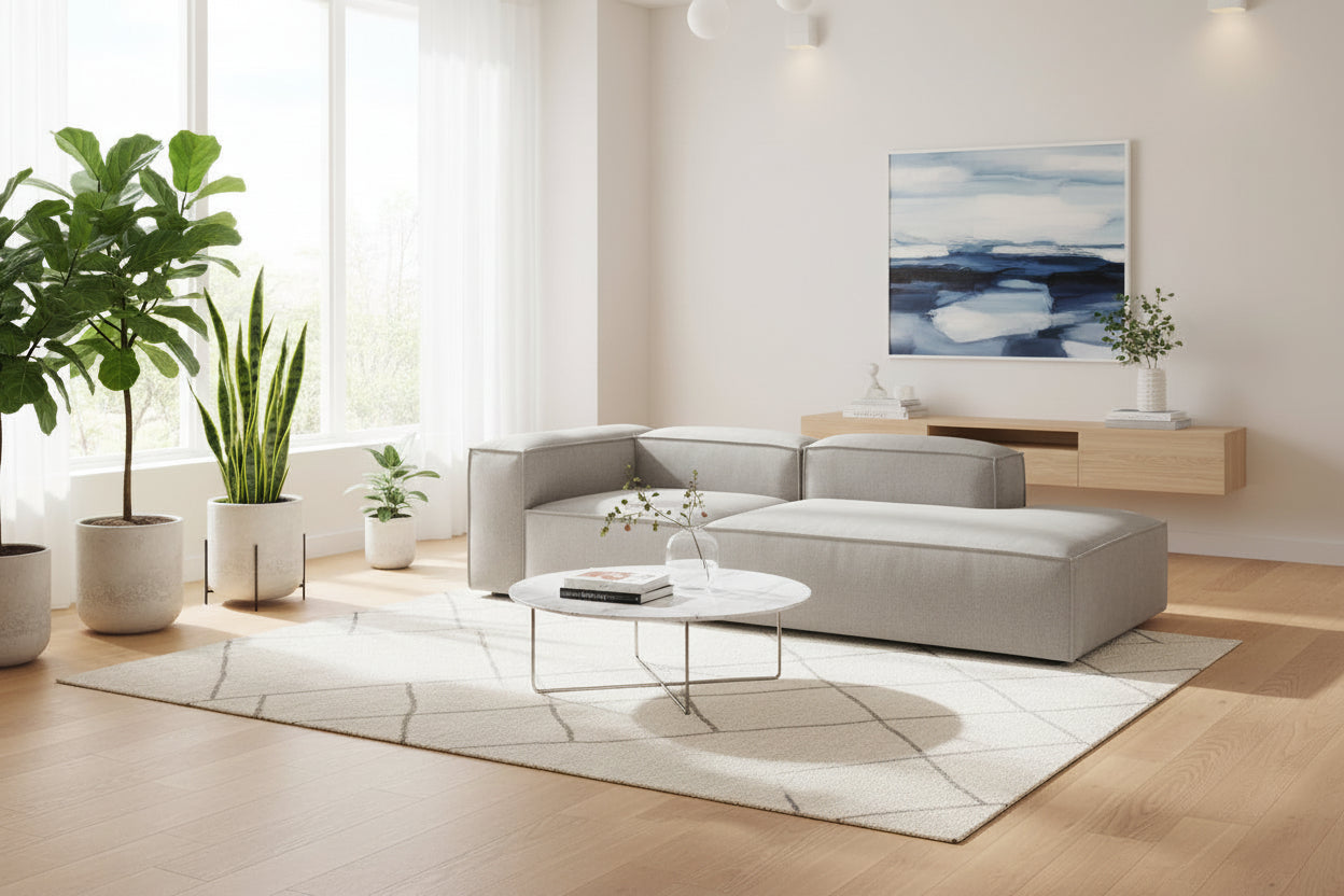 Alpha modular sofa with chaise in premium neutral fabric, styled in a contemporary living space with clean lines and a refined low-profile design