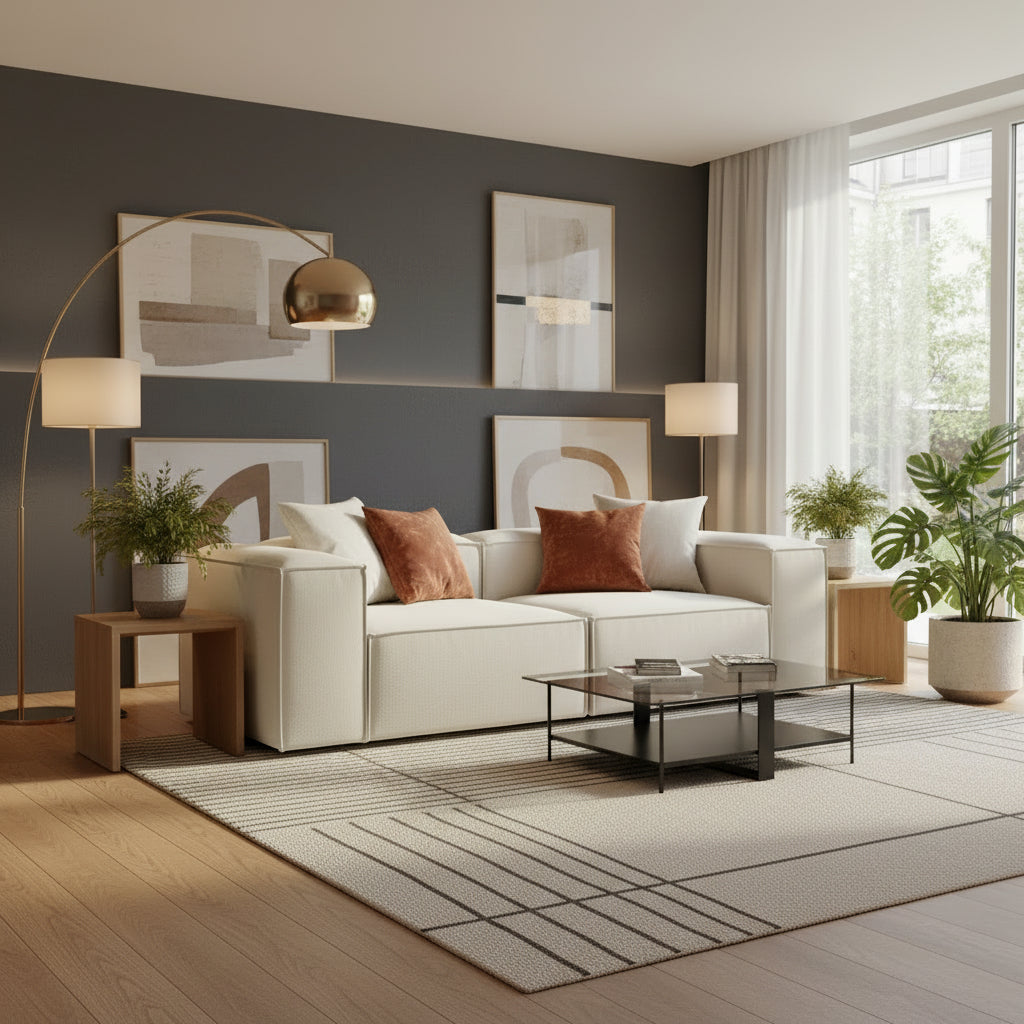 Alpha modular 2 seater sofa styled for contemporary interiors, featuring soft fabric texture, structured form, and compact proportions ideal for everyday living
