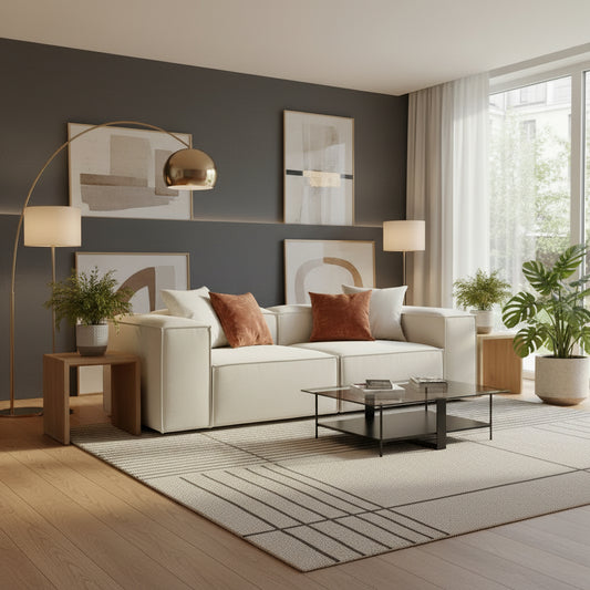 Alpha modular 2 seater sofa styled for contemporary interiors, featuring soft fabric texture, structured form, and compact proportions ideal for everyday living
