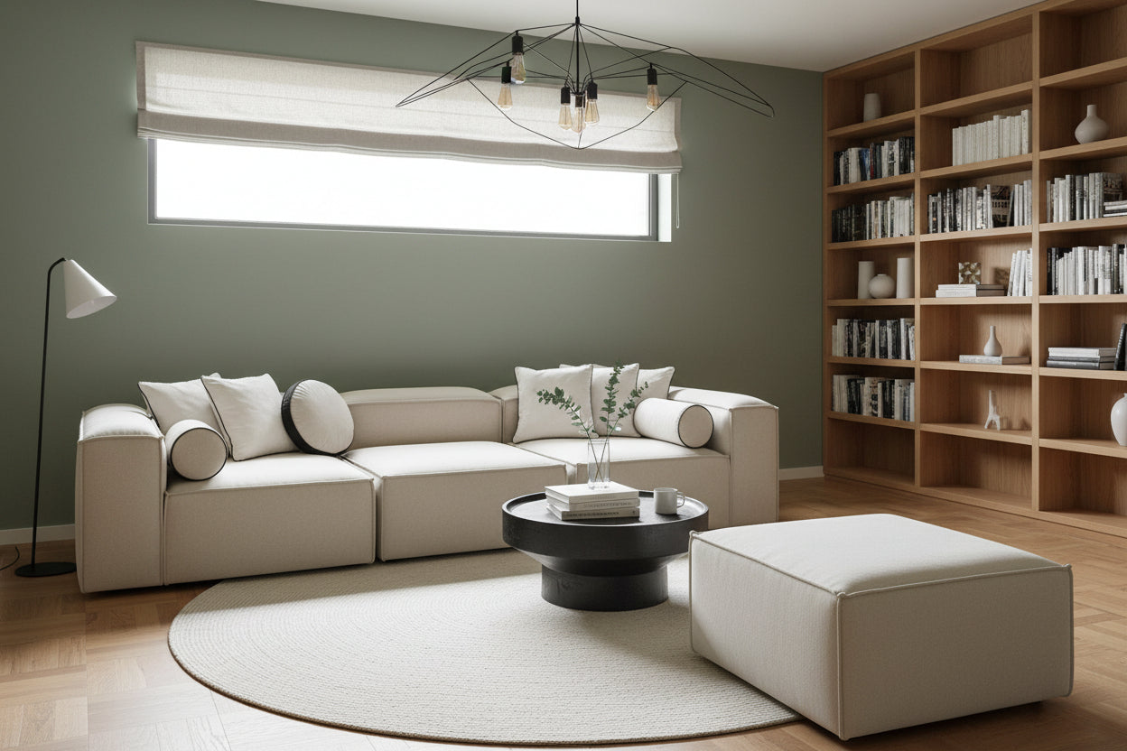 A sleek, elongated footstool with a clean, structured form—designed to pair effortlessly with the Alpha collection while offering both comfort and versatility in modern living spaces.