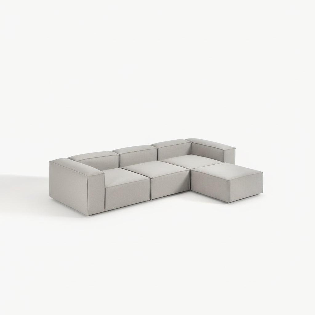 Alpha modular 3 seater combined with a stool section, designed for versatile arrangements and everyday comfort
