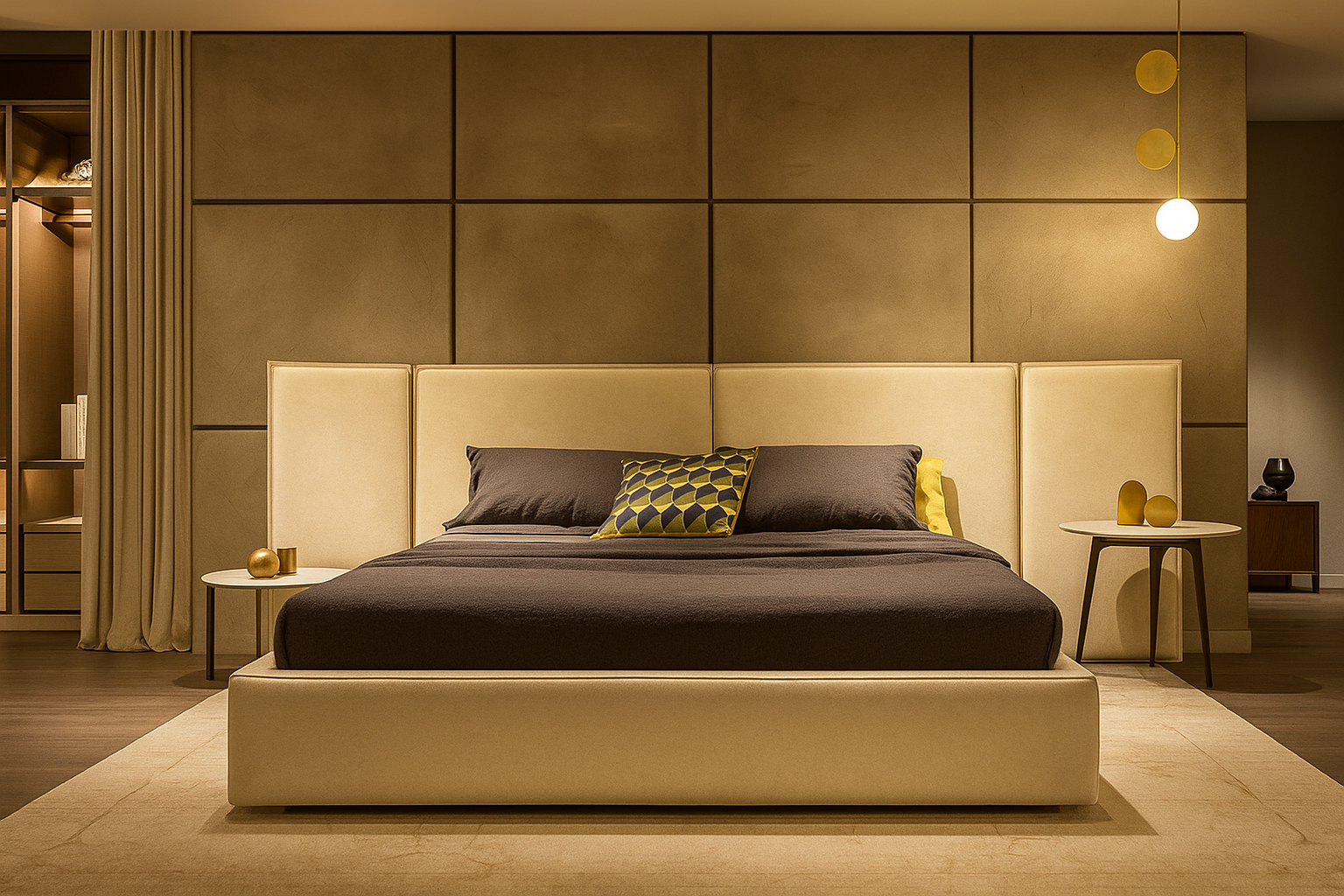  large upholstered bed with extended headboard panels and premium fabric finish