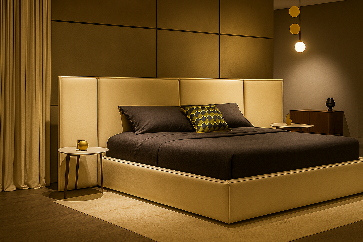 contemporary bed with oversized headboard extending beyond mattress and soft fabric