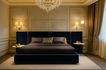 luxury upholstered bed with large statement headboard and refined modern design