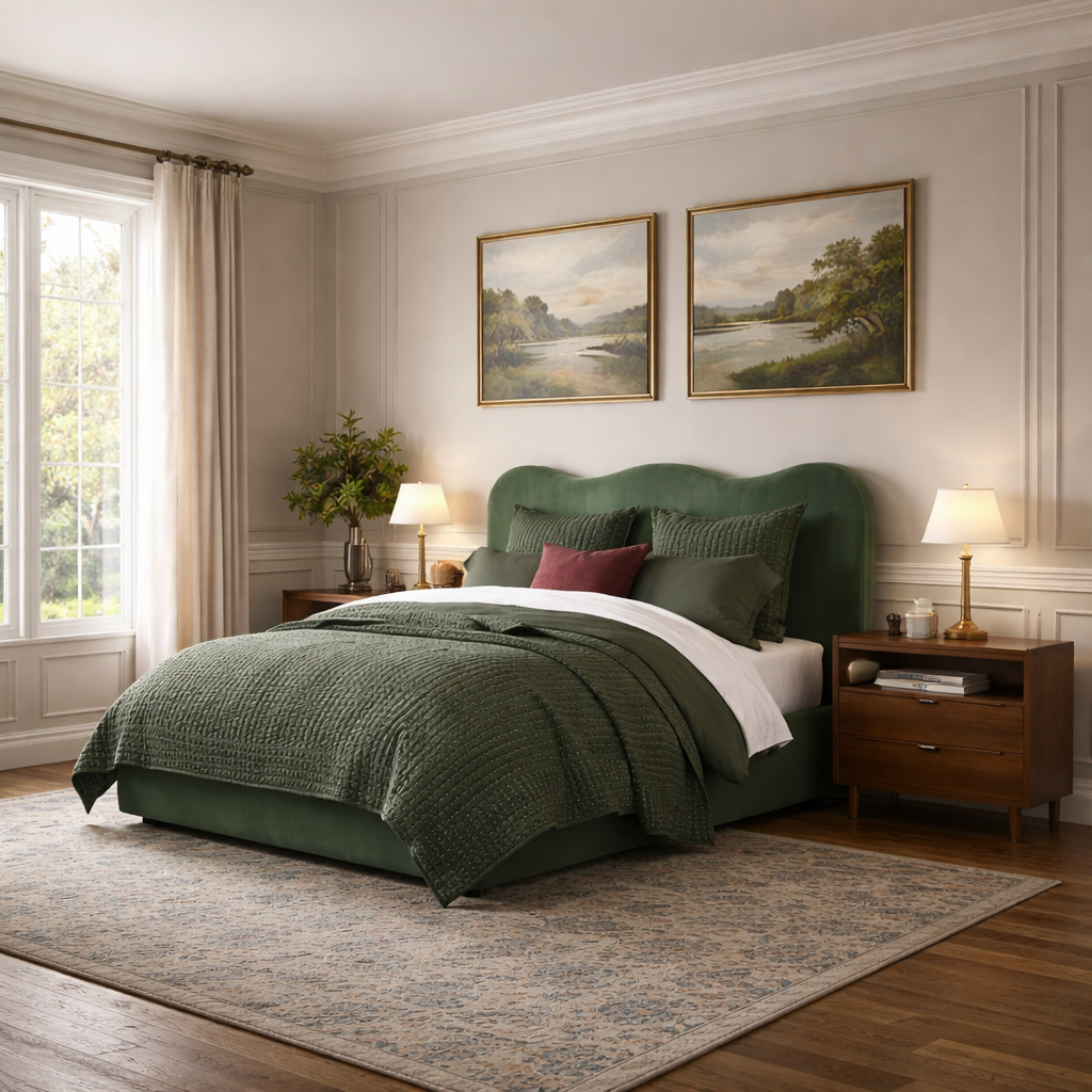 designer bed with scalloped headboard and neutral fabric upholstery